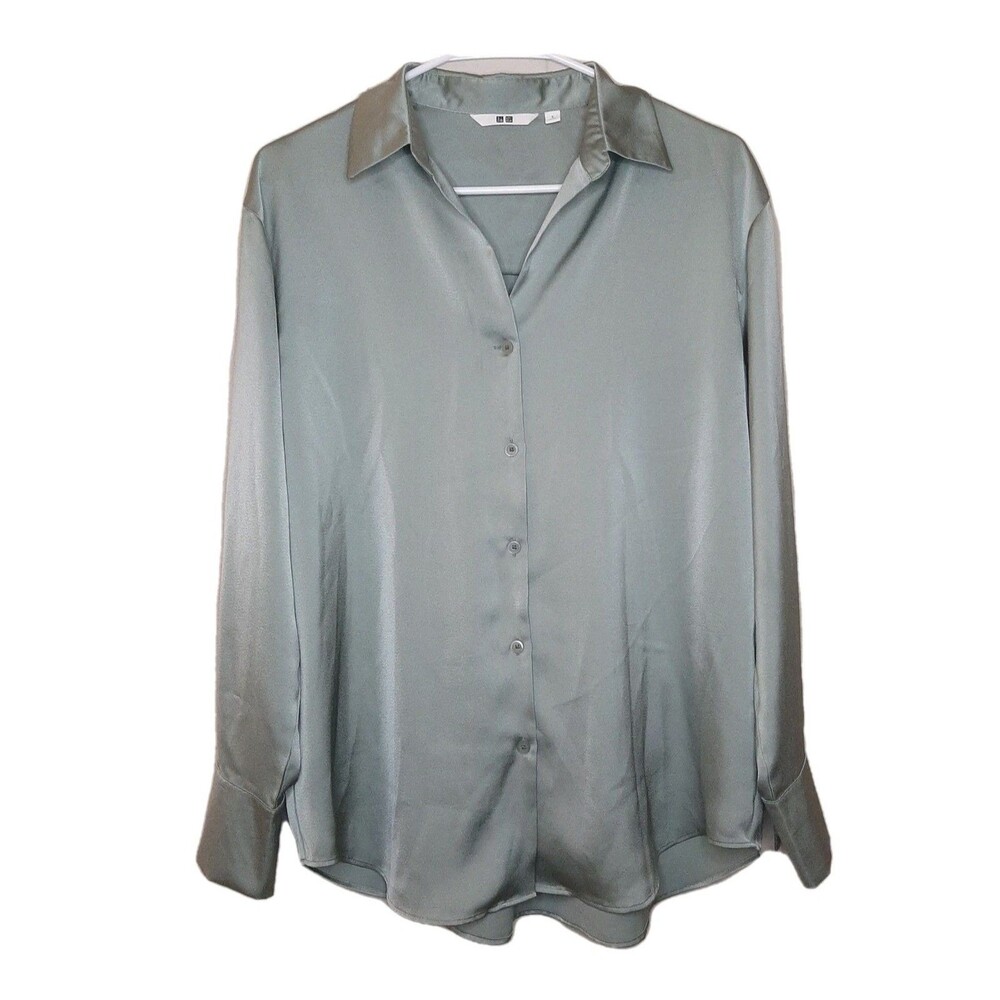 Uniqlo Blouse Green Women Size S Satin Oversized Button Up Long Sleeve Collared